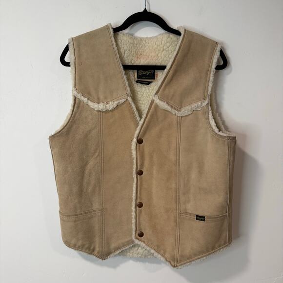 Wrangler Unisex Vintage Suede Vest Western Snap Sherpa Lined Tan - Picture 1 of 8